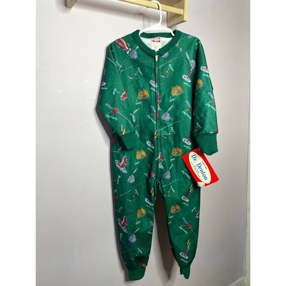 NEW 90s Vintage Dr Denton Toddler Size 5 Green Fishing Full Zip Pajamas Fish - Picture 1 of 5